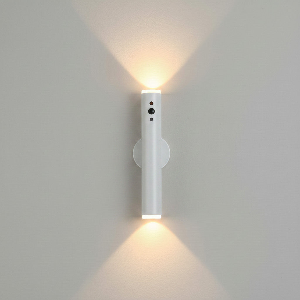 Lysverden white metal vertical wall lamp with up and down light, remote control, and magnetic mount.