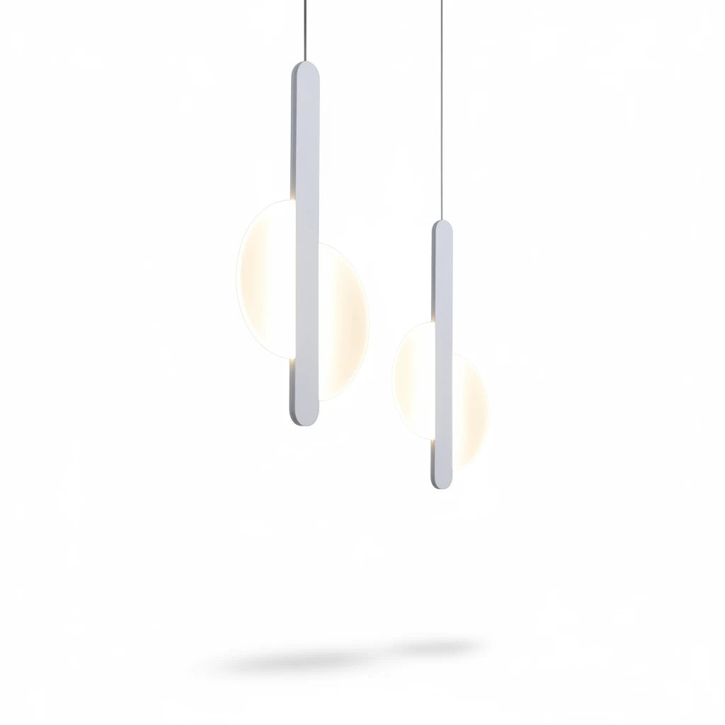 Lysverden minimalist white pendant lamps with slim metal bars and glowing opal acrylic spheres for modern interiors.