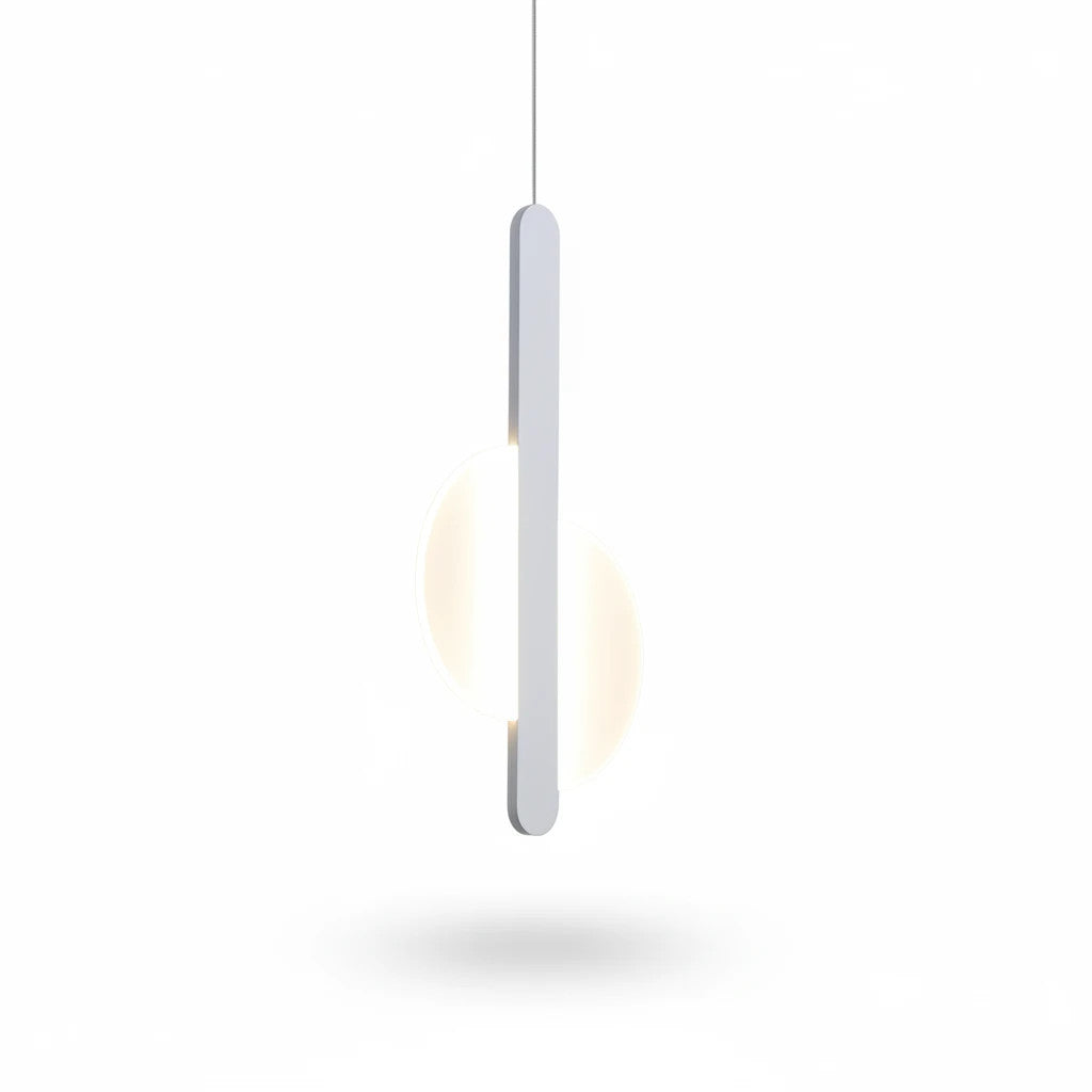 Lysverden minimalist white pendant lamp with a slim metal rod and a glowing opal acrylic sphere for soft lighting.