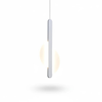 Lysverden minimalist white pendant lamp with a slim metal rod and a glowing opal acrylic sphere for soft lighting.