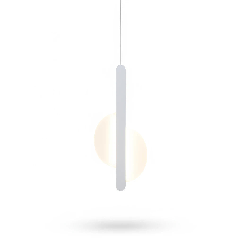 Lysverden minimalist white pendant lamp with a slim metal rod and glowing opal acrylic sphere for modern interiors