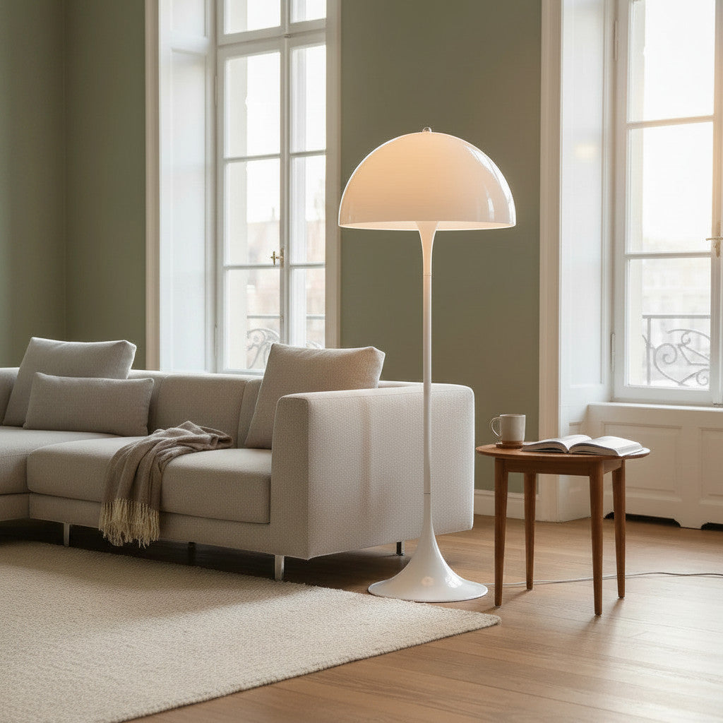 Lysverden white mushroom floor lamp with a minimalist Scandinavian design standing in a modern living room