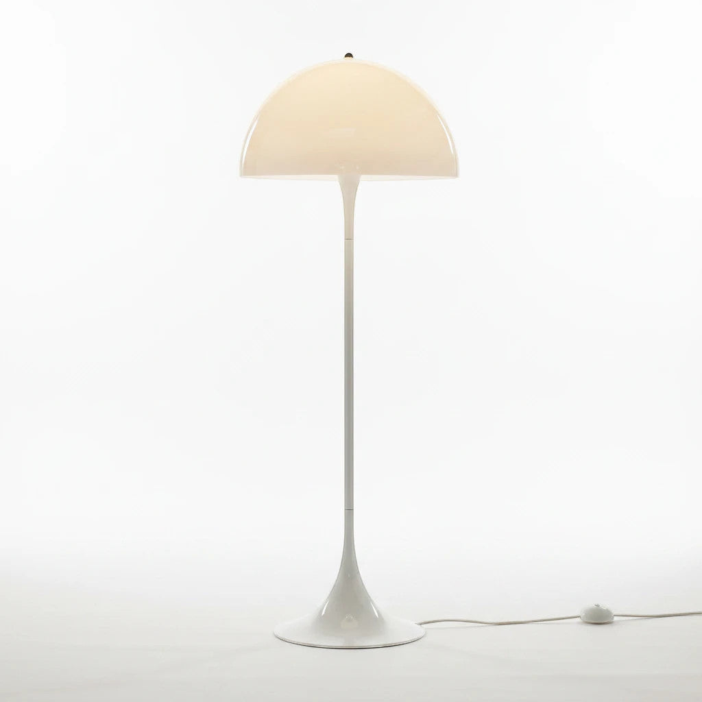 Lysverden white mushroom floor lamp with a minimalist Scandinavian design and a smooth dome-shaped shade.