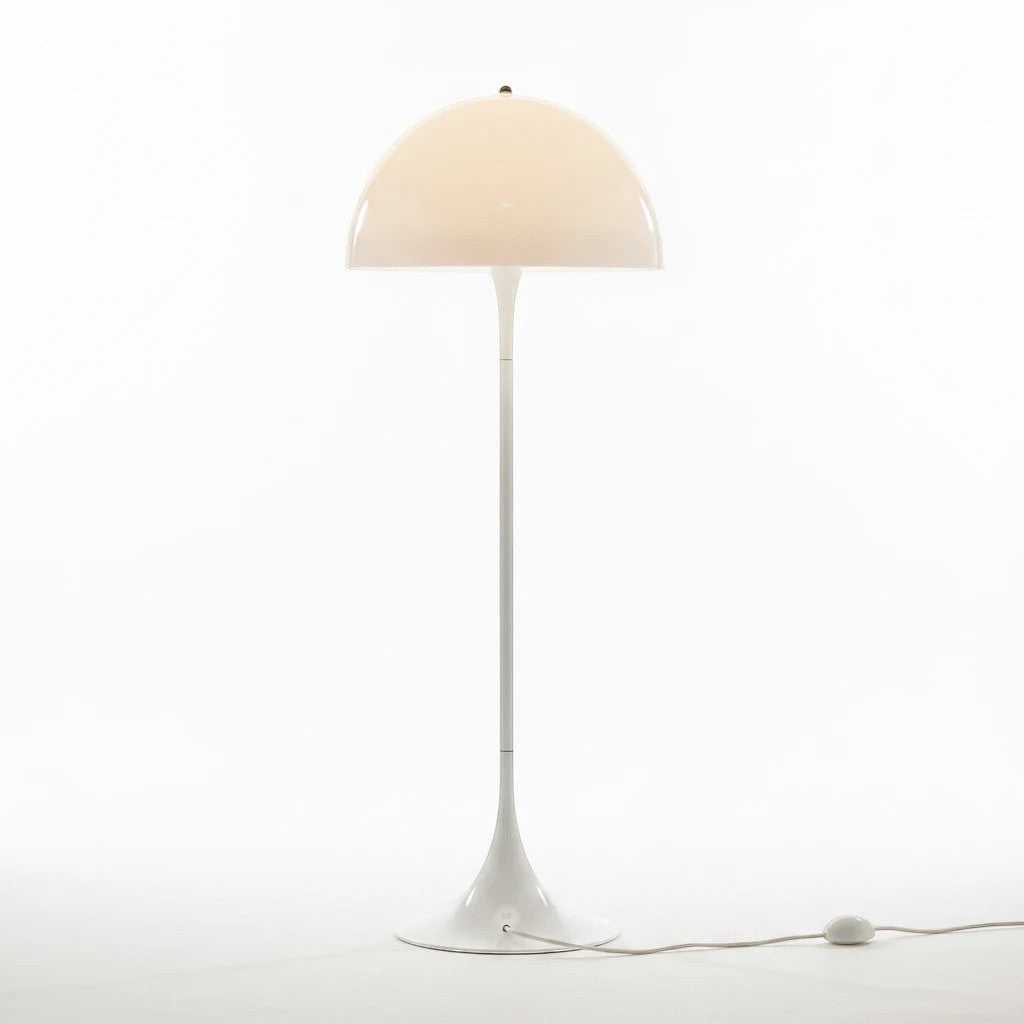 Lysverden white mushroom floor lamp with a minimalist Scandinavian design and a soft, diffuse light dome.