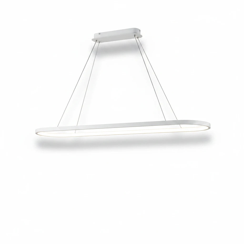 Lysverden white oval LED pendant light with a minimalist linear loop design for modern dining room lighting.