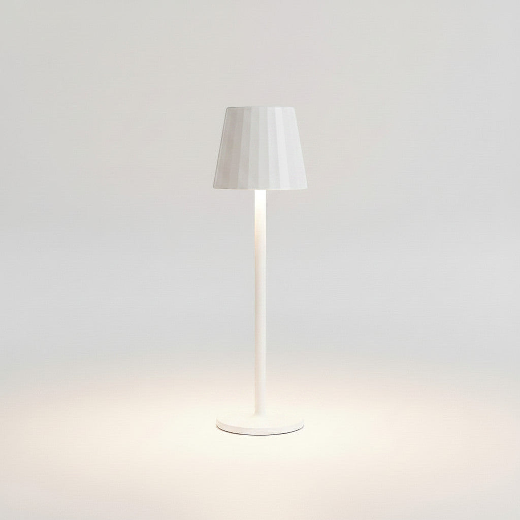 Lysverden white aluminum and PC restaurant lamp with ribbed shade, touch control, 4 color temperatures, and Qi charging.