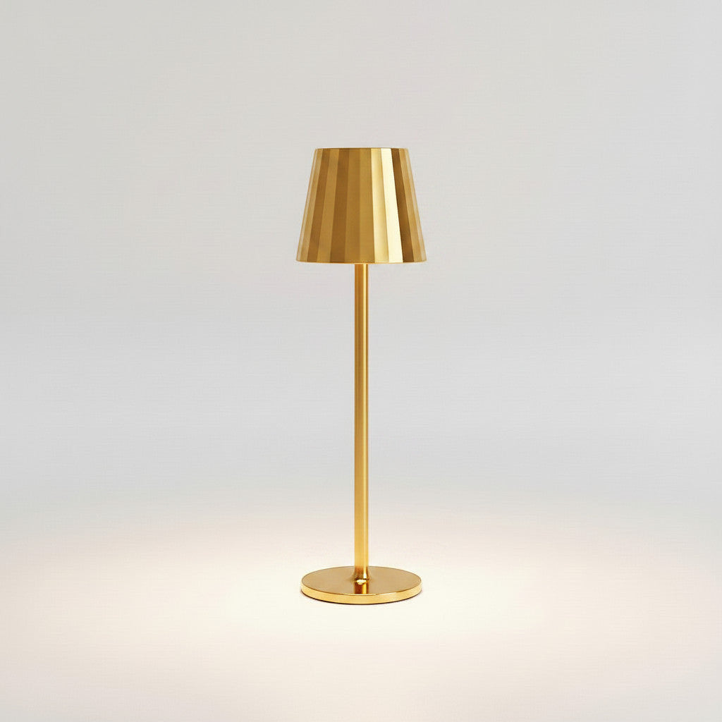 Lysverden white aluminum and PC restaurant table lamp with striped shade, touch control, 4 color temperatures, and Qi charging.