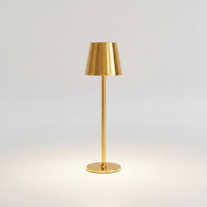 Lysverden white aluminum and PC restaurant table lamp with striped shade, touch control, 4 color temperatures, and Qi charging.