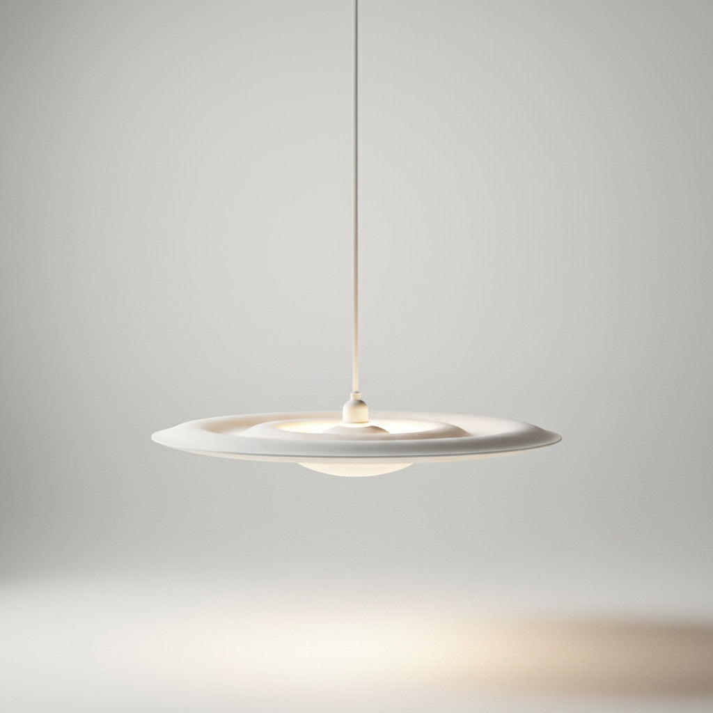 Lysverden white ripple disc pendant light with a minimalist concentric wave design for soft ambient lighting.