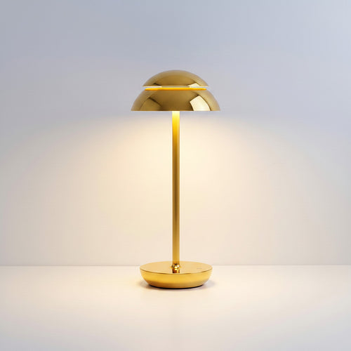 Lysverden white Saturn-inspired double dome metal table lamp with touch dimming and 4000 mAh battery.
