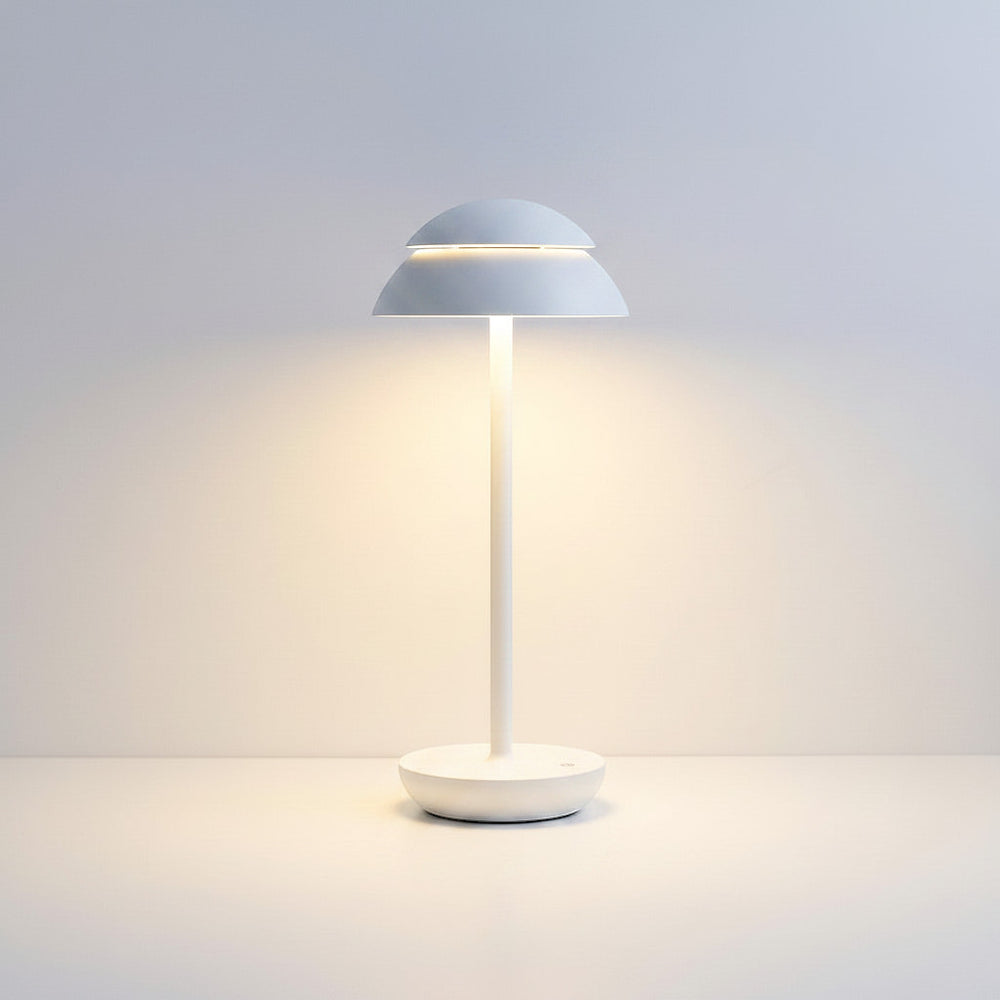 Lysverden white Saturn-inspired double dome table lamp with metal stem, touch control, dimming, and 4000 mAh battery.