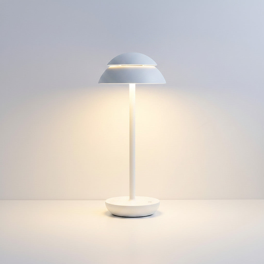 Lysverden white Saturn-inspired double dome table lamp with metal stem, touch control, dimming, and 4000 mAh battery.