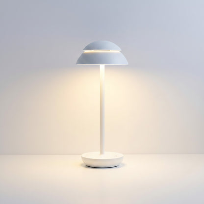 Lysverden white Saturn-inspired double dome table lamp with metal stem, touch control, dimming, and 4000 mAh battery.