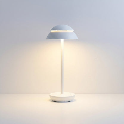 Lysverden white Saturn-inspired double dome table lamp with metal stem, touch control, dimming, and 4000 mAh battery.