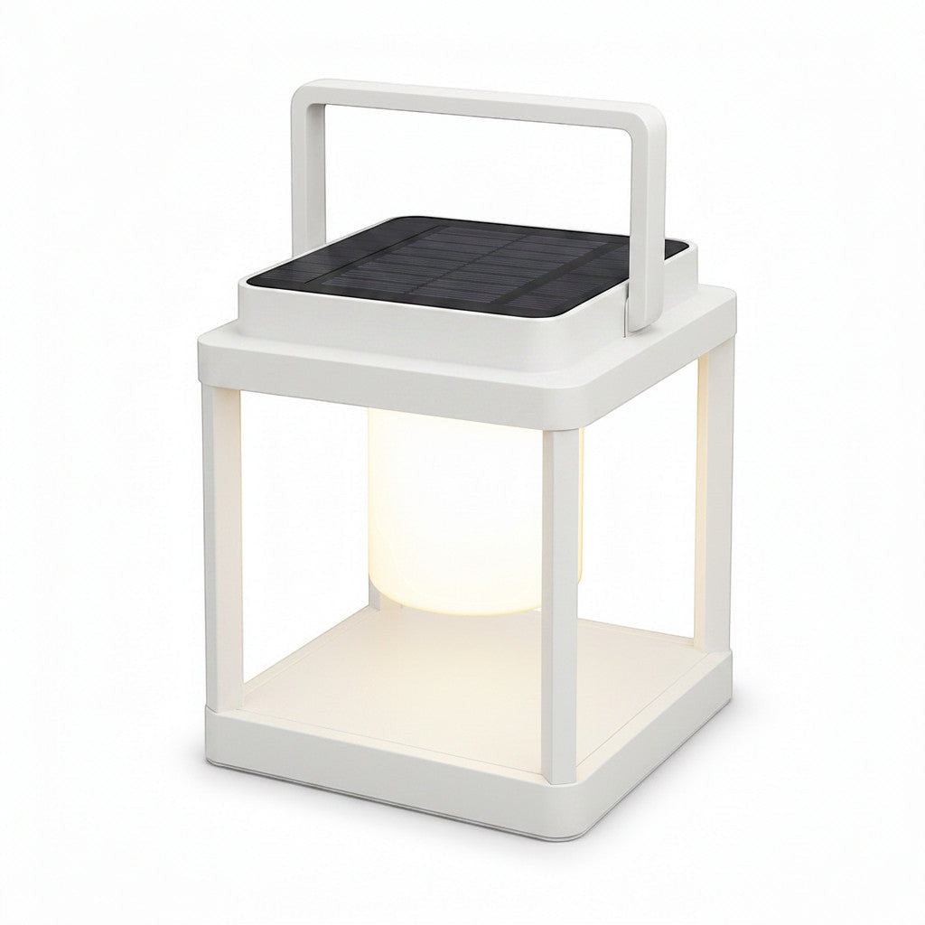 Lysverden white portable lantern with solar panel top, USB charging, dimmable warm light, and handle. IP44 rated.