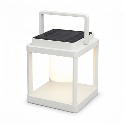 Lysverden white portable lantern with solar panel top, USB charging, dimmable warm light, and handle. IP44 rated.