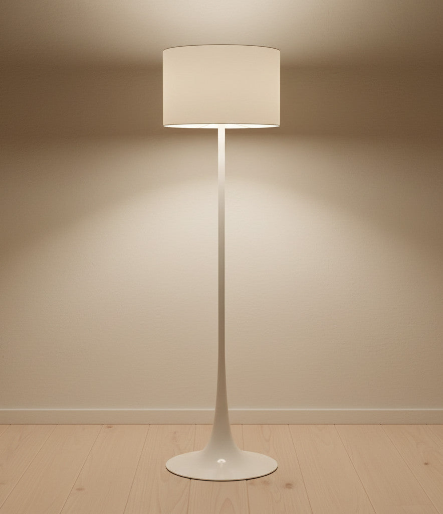 Lysverden white floor lamp with a cylindrical shade and elegant tulip base standing on a wooden floor
