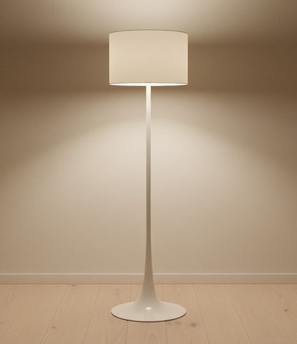 Lysverden white floor lamp with a cylindrical shade and elegant tulip base standing on a wooden floor