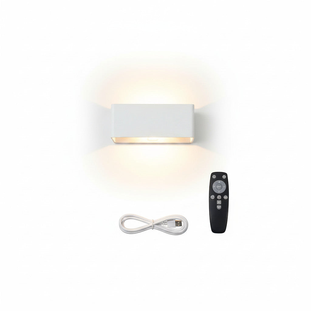 Lysverden white rectangular wall lamp with up/down lighting, remote control, and USB cable. Features radar sensor.