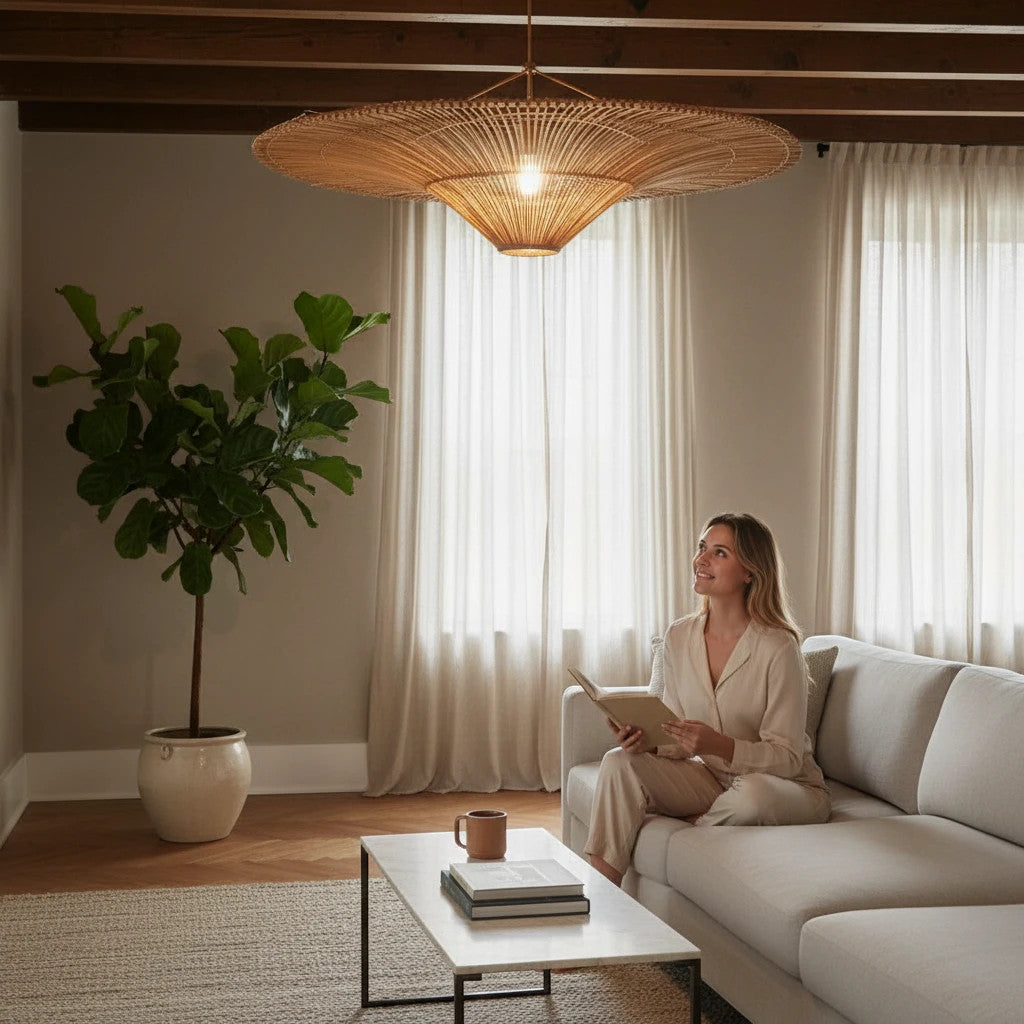 Lysverden wide rattan pendant lamp hanging over a woman reading on a sofa in a Japandi style living room.