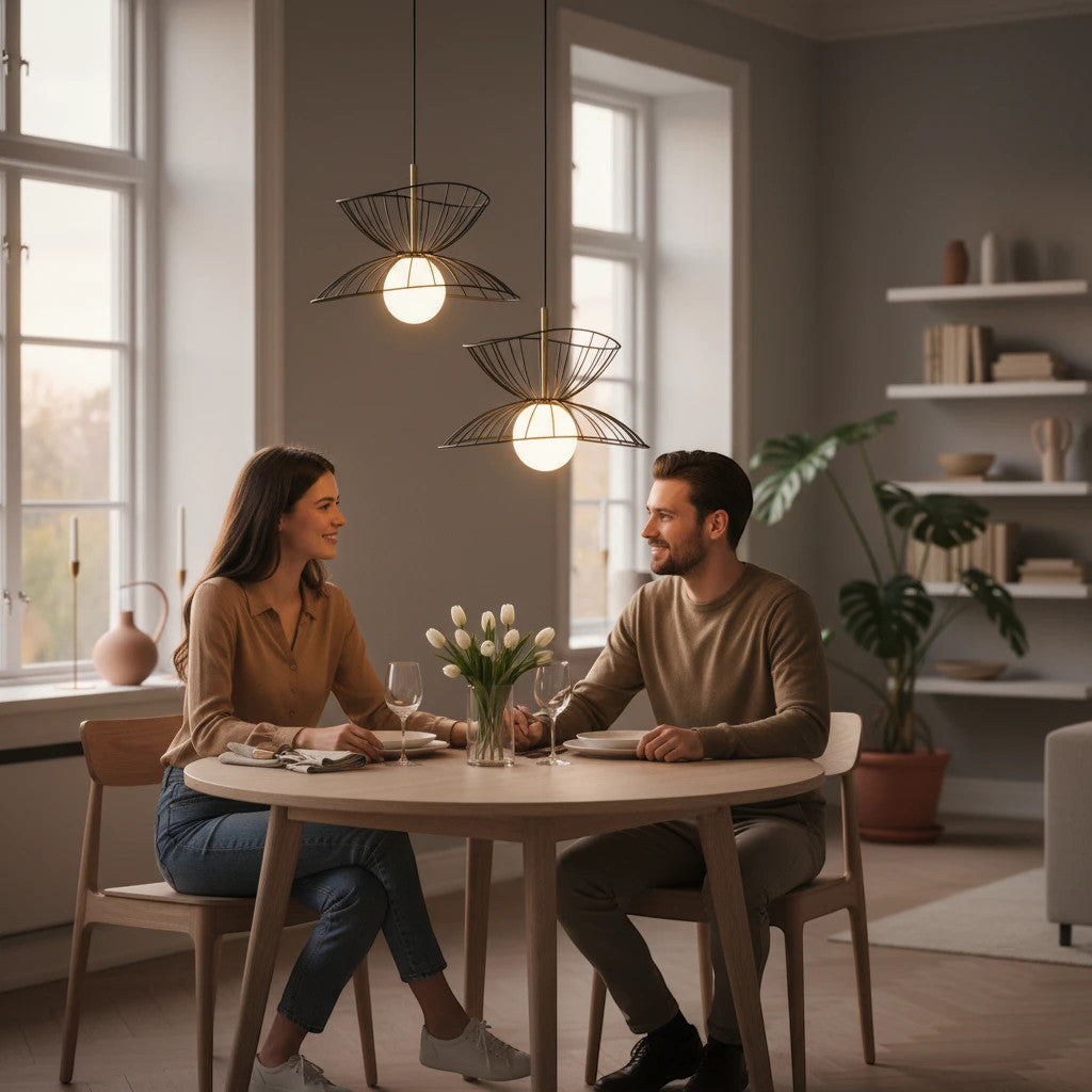 Lysverden wire pendant lights with opal glass globes hanging over a couple dining at a wooden table in a modern home.