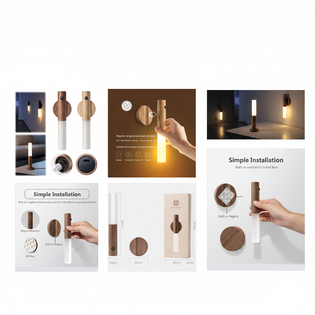 Lysverden natural wood and white acrylic night light with motion sensor and magnetic base. Warm white light.