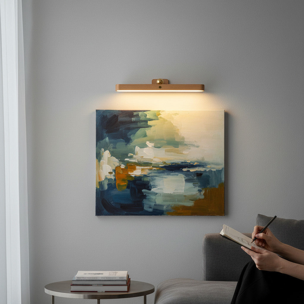 Lysverden wooden picture light with brass detail, touch control, 3 brightness levels, 4000K natural white light, magnetic mount.