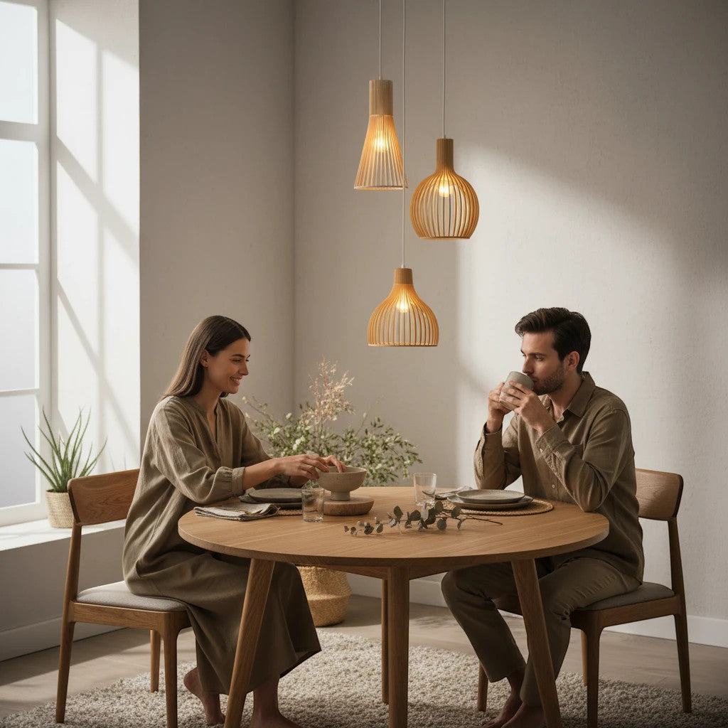Lysverden wooden slat pendant lights hanging over a dining table where a couple sits in a Japandi style room.