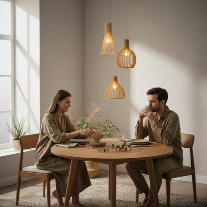 Lysverden wooden slat pendant lights hanging over a dining table where a couple sits in a Japandi style room.