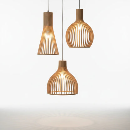 Lysverden set of three sculptural wooden pendant lights with curved slats in natural light wood finish