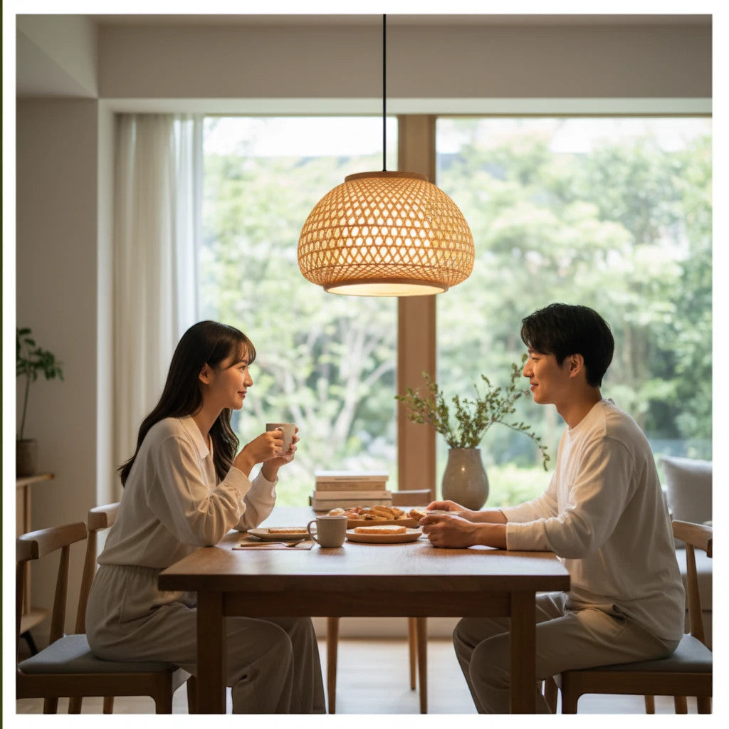 Lysverden dome pendant light in woven bamboo and rattan hanging over a dining table with a couple enjoying a meal.