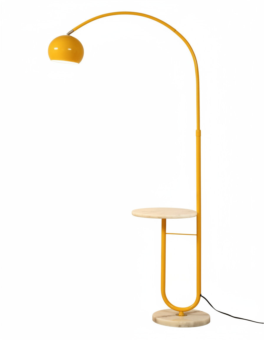 Lysverden yellow arched floor lamp with a stone base and integrated side table against a white background.
