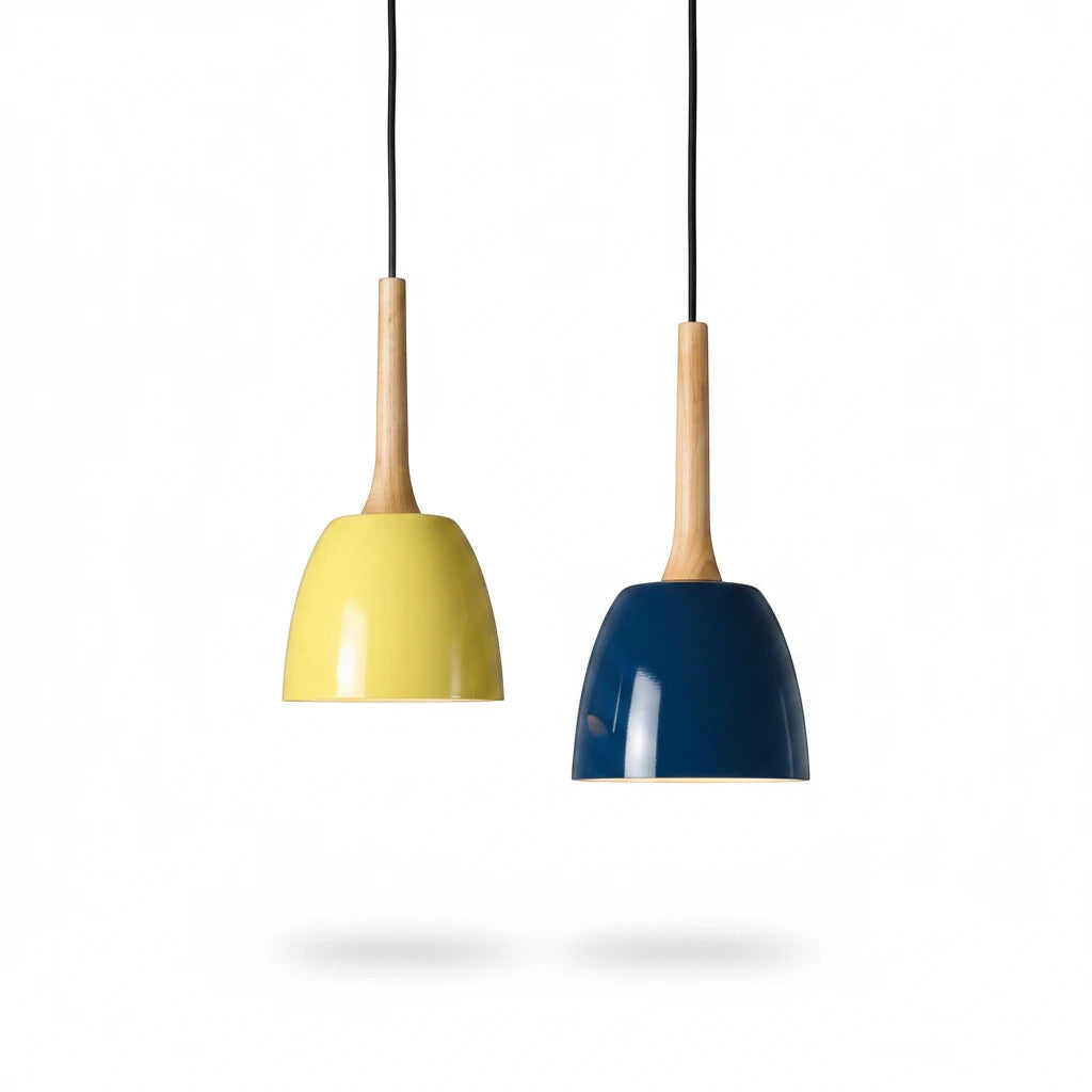 Lysverden yellow and blue metal pendant lamps with natural wood tops hanging against a white background