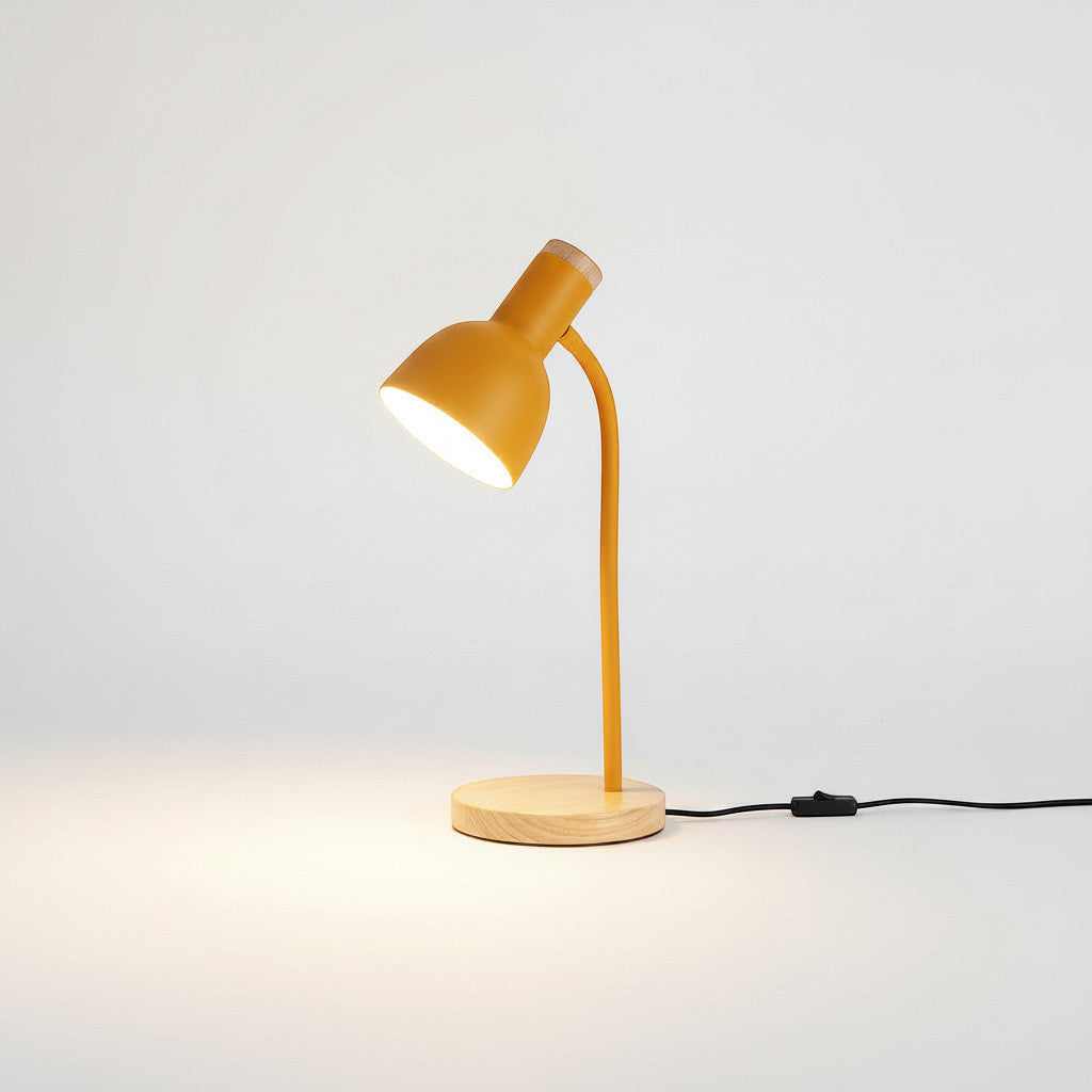 Lysverden yellow metal desk lamp with flexible arm and wood base, E27 socket, adjustable shade.