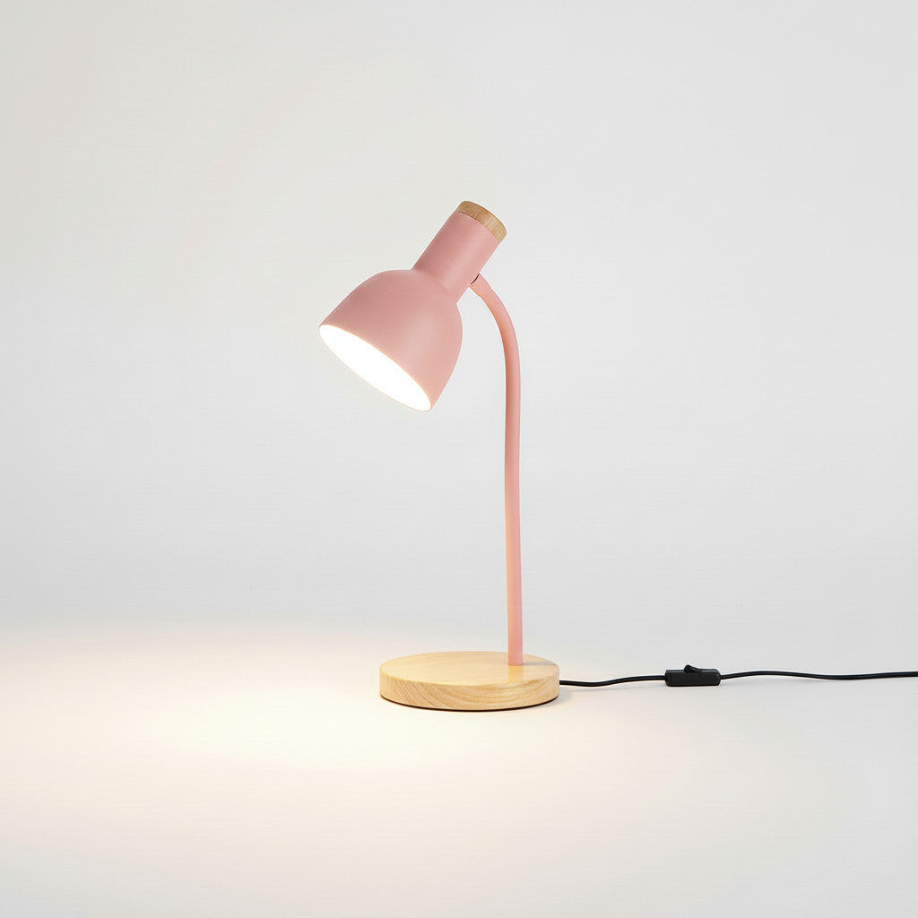 Lysverden yellow desk lamp with flexible arm and wood base, E27 socket, adjustable shade