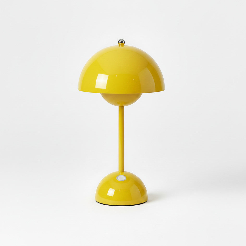 Lysverden yellow polycarbonate cordless touch table lamp, inspired by Flowerpot design, with dimmable light and 2600 mAh battery.