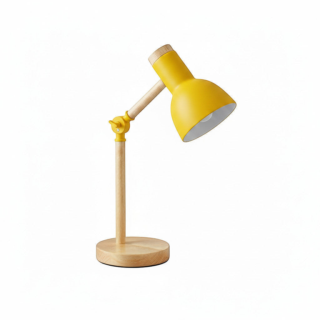 Lysverden yellow macaron desk lamp with adjustable head and natural wood base. Modern Nordic style.