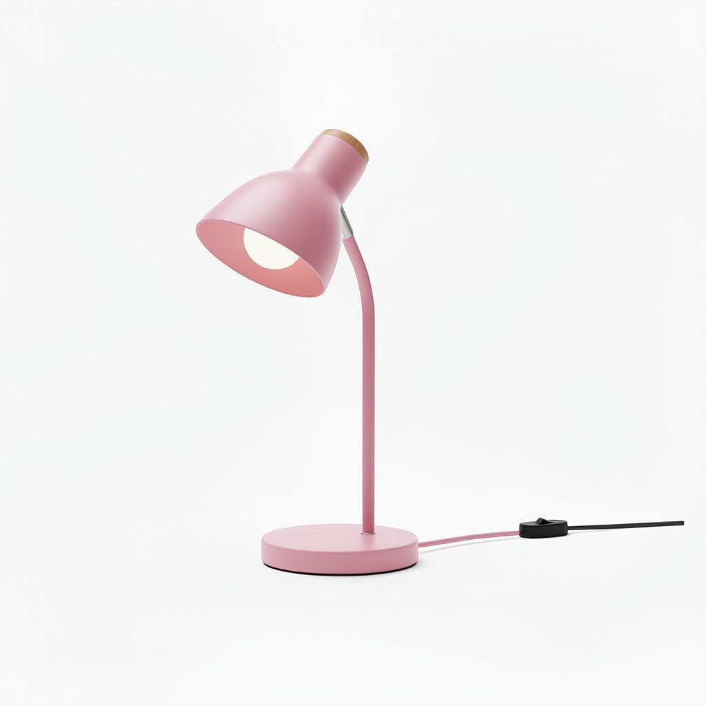 Lysverden yellow macaron desk lamp with adjustable shade and wood base, metal and wood construction.