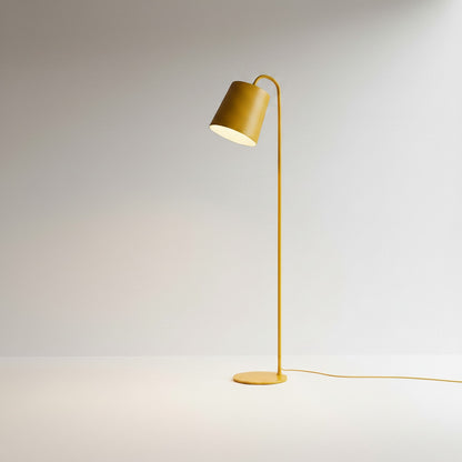 Lysverden yellow metal floor lamp with a cone-shaped shade and integrated warm LED light in a minimalist design.