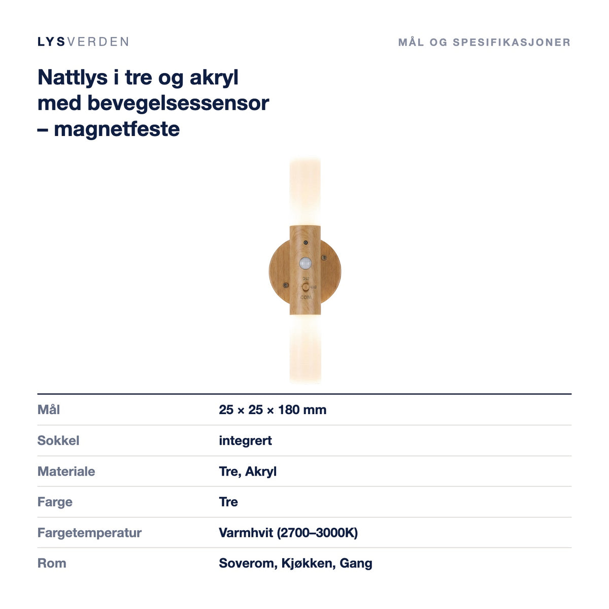 Nattlys i tre og akryl med bevegelsessensor – magnetfeste – mål og spesifikasjoner