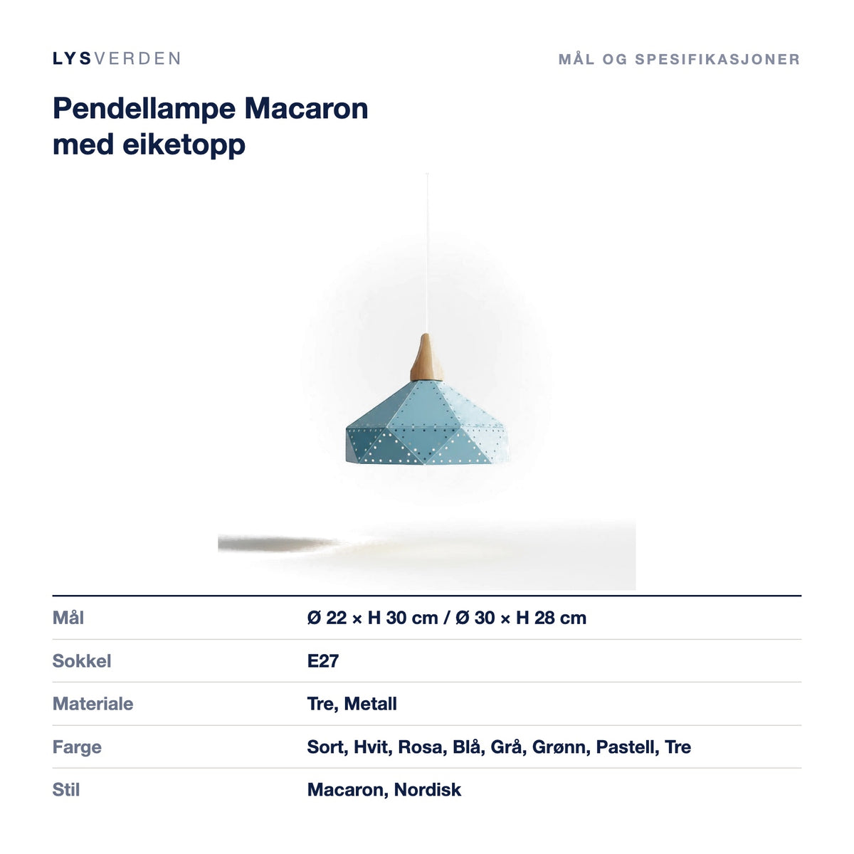 Mål og spesifikasjoner for Pendellampe Macaron med eiketopp