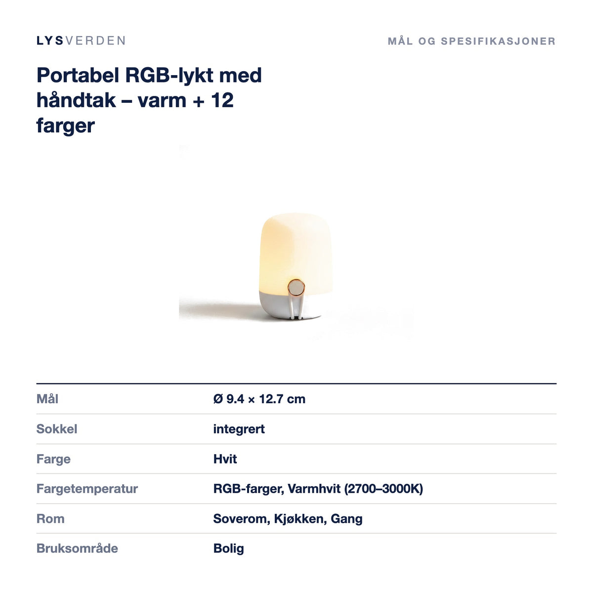 Portabel RGB-lykt med håndtak – varm + 12 farger – mål og spesifikasjoner