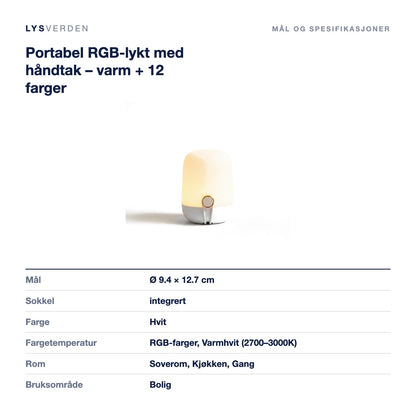 Portabel RGB-lykt med håndtak – varm + 12 farger – mål og spesifikasjoner