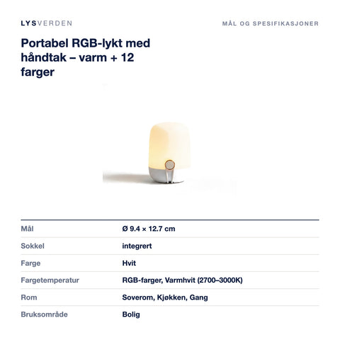 Mål og spesifikasjoner for Portabel RGB-lykt med håndtak – varm + 12 farger