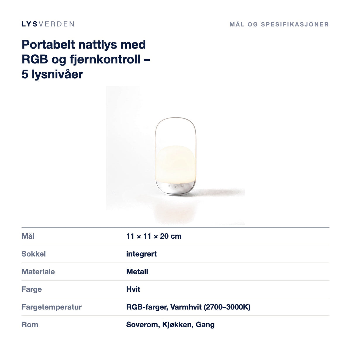 Portabelt nattlys med RGB og fjernkontroll – 5 lysnivåer – mål og spesifikasjoner
