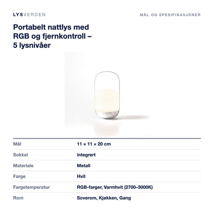 Portabelt nattlys med RGB og fjernkontroll – 5 lysnivåer – mål og spesifikasjoner