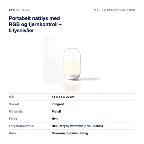 Mål og spesifikasjoner for Portabelt nattlys med RGB og fjernkontroll – 5 lysnivåer