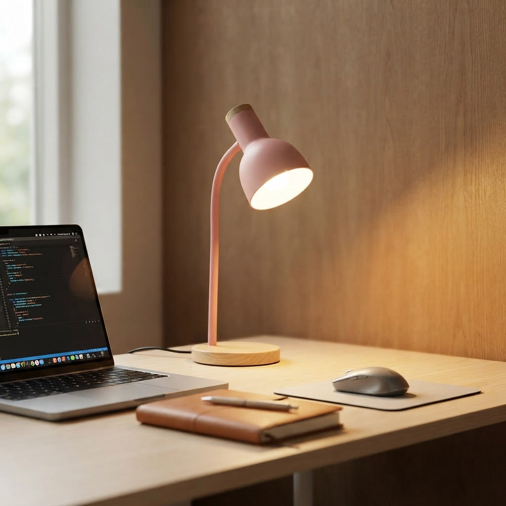 Skrivebordslampe med fleksibel arm – E27 trebase – tent på skrivebord