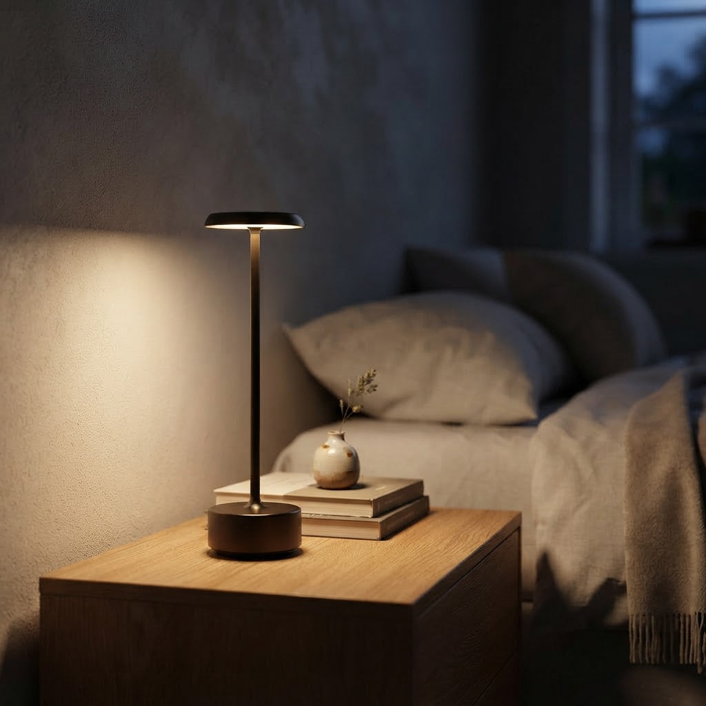 Slank candle-bordlampe i aluminium – 2700 K, trådløs – tent på nattbord