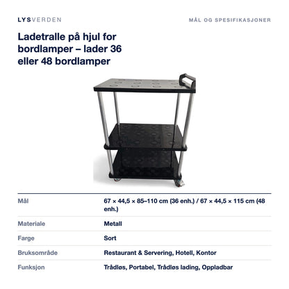 Ladetralle på hjul for bordlamper – lader 36 eller 48 bordlamper – mål og spesifikasjoner